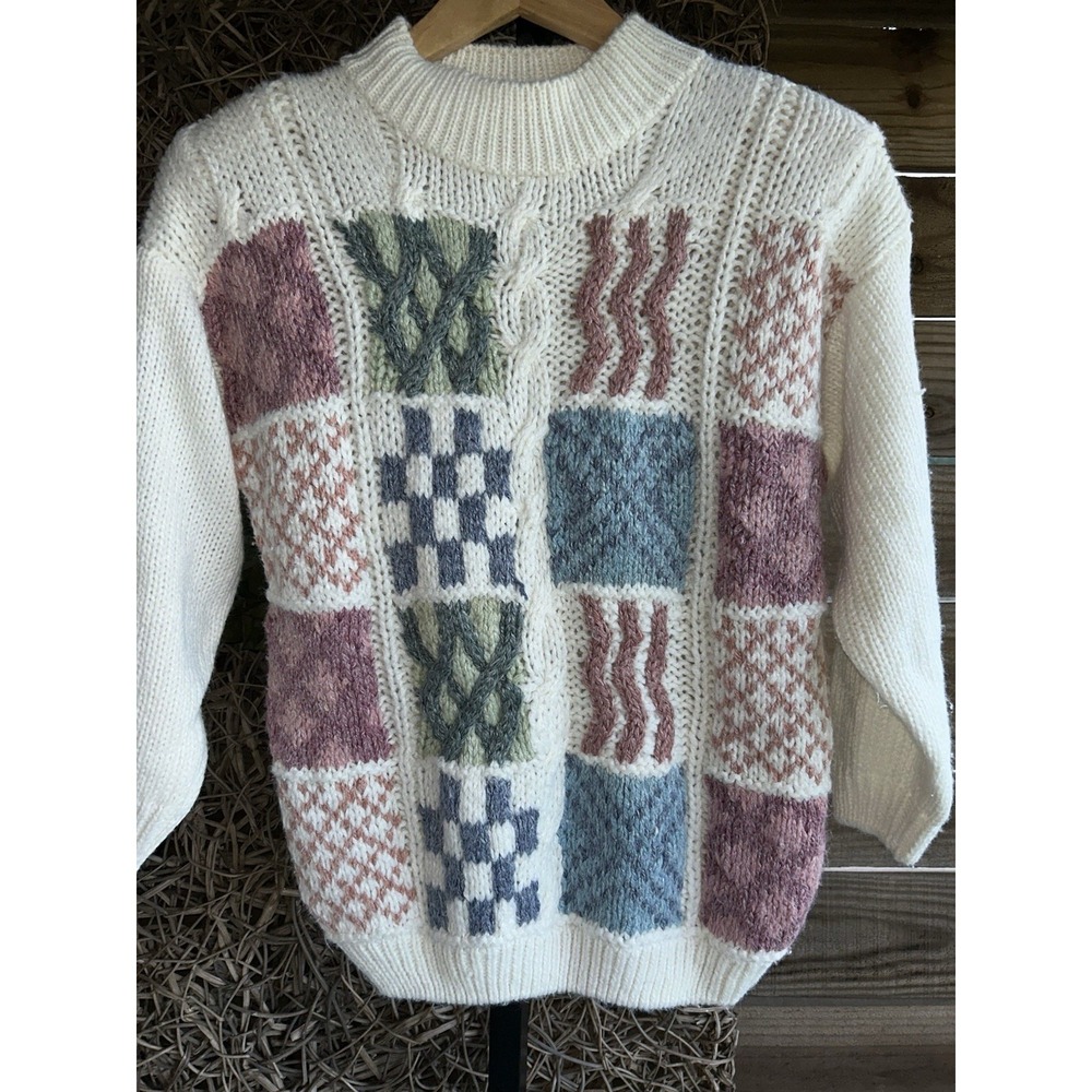 Huntington Ridge Womens Sweater Small White Colorful Patchwork Knitted By Hand - Picture 5 of 5